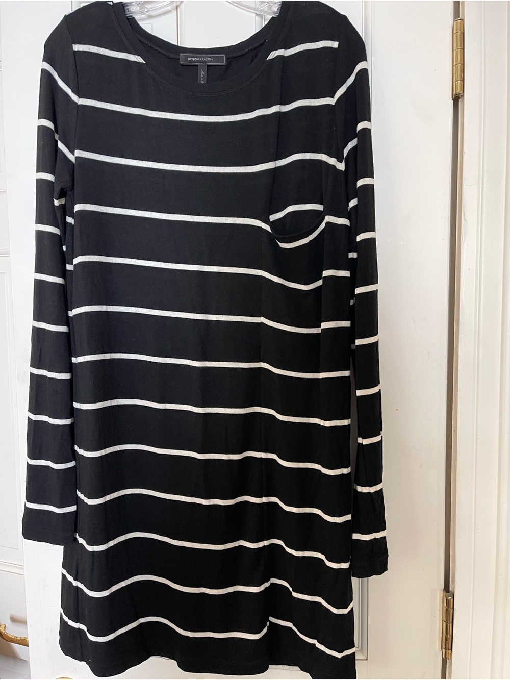 BCBGMaxAzria Black and Ivory Striped Long Sleeve Shift Dress